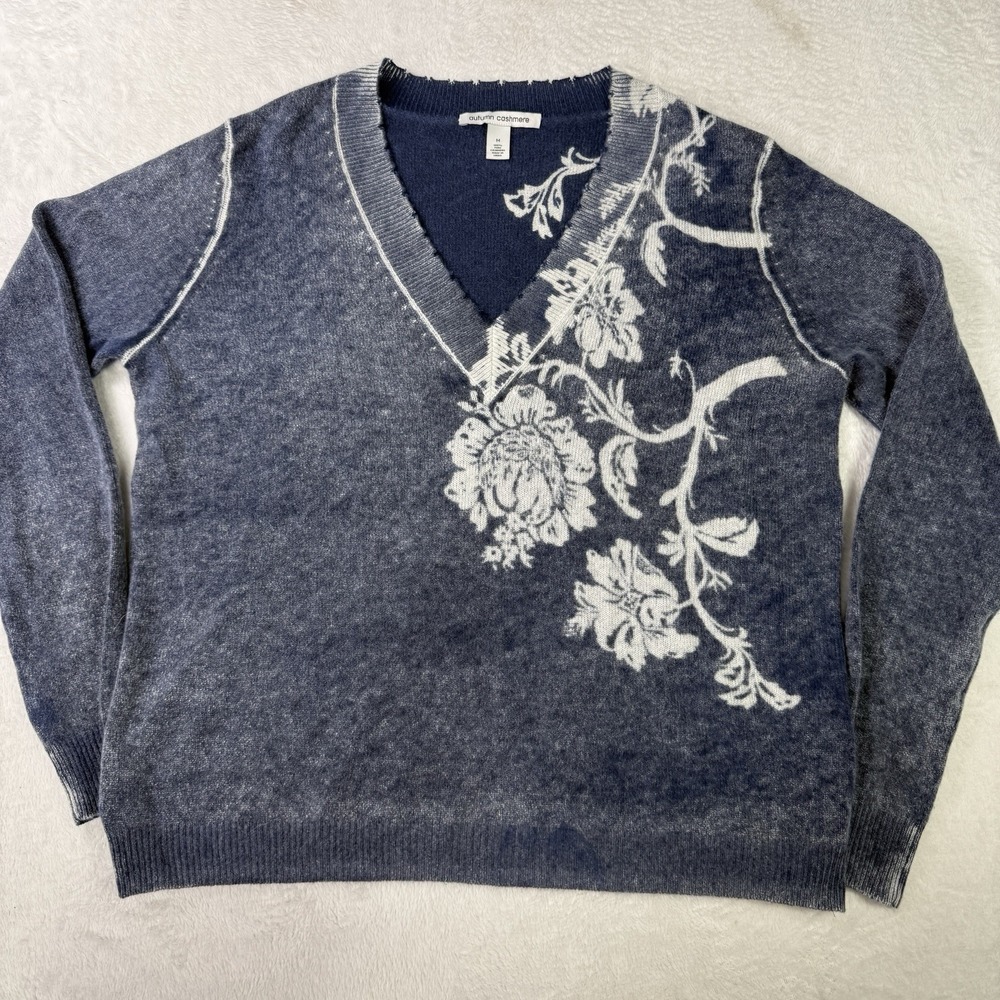 100% Cashmere Floral Applique V-Neck Sweater Reversible Womens Medium Blue